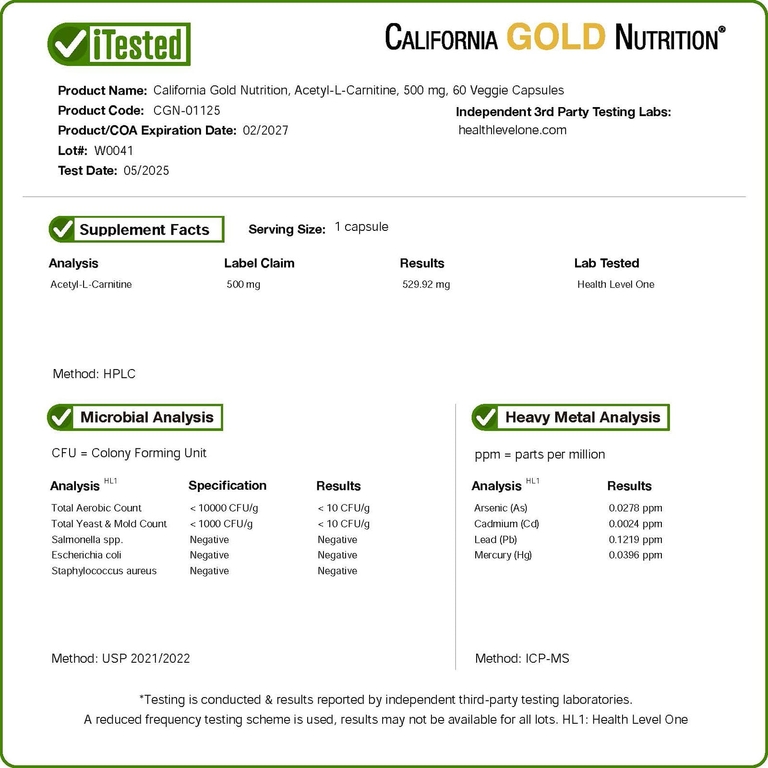 California Gold Nutrition, ацетил-L-карнитин, 500 мг, 60 растительных капсул