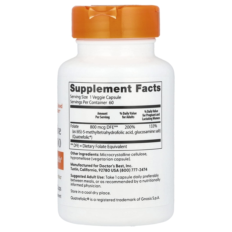 Doctor's Best, фолат, 800 мкг, 60 растительных капсул