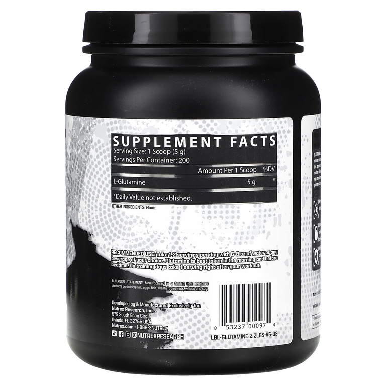 Nutrex Research, чистый глутамин, без вкусовых добавок, 1000 г (2,2 фунта)