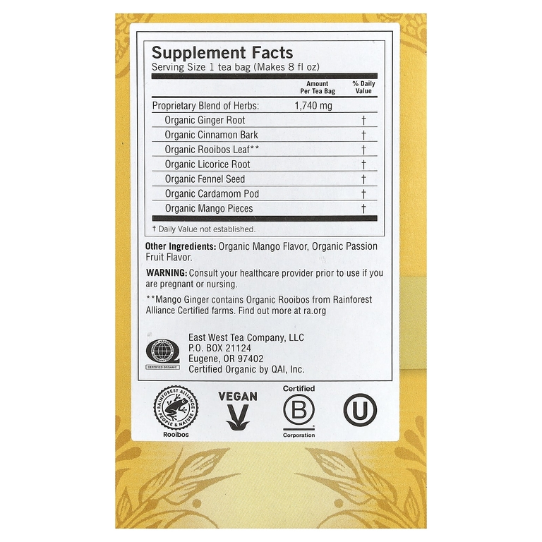 Yogi Tea, манго и имбирь, без кофеина, 16 чайных пакетиков, 32 г (1,12 унции)