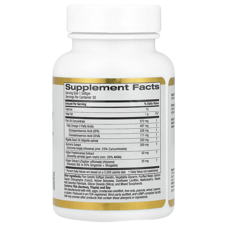 California Gold Nutrition, Комплекс с омега-3, куркумином, маслом из семян чёрного тмина, босвеллией и имбирём, 30 капсул из рыбьего желатина