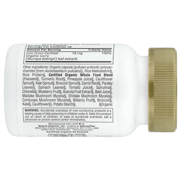 NaturesPlus, железо, 30 веганских капсул (18 мг в 1 капсуле)