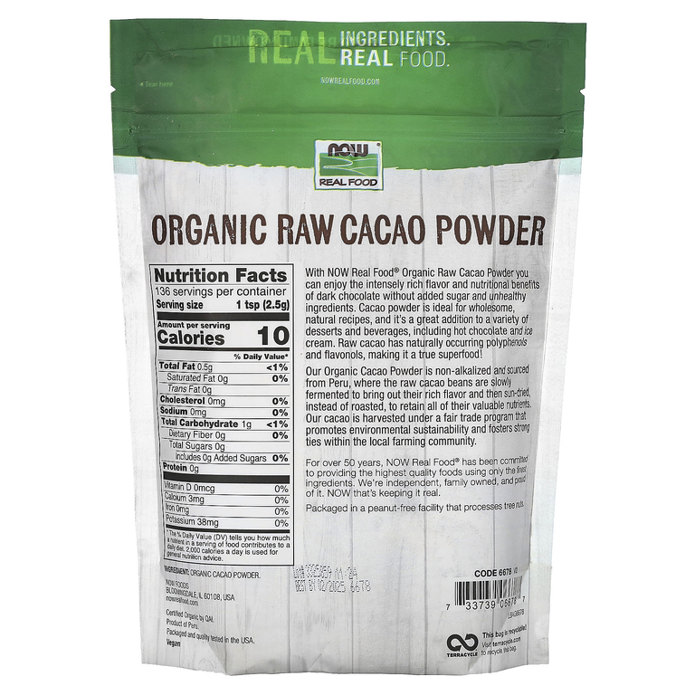 NOW Foods, Real Food, органический необработанный какао-порошок, 340 г (12 унций)