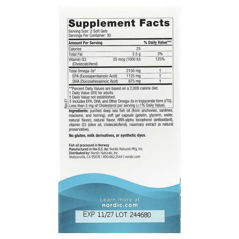 Nordic Naturals, омега-3 + витамин Д, лимон, 60 желатиновых капсул