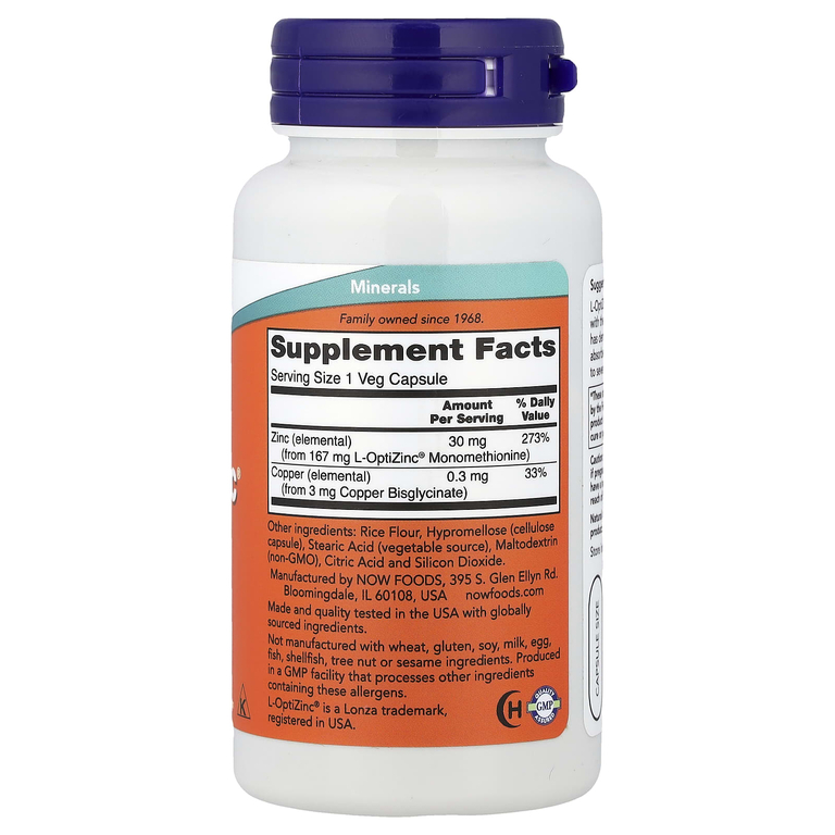 NOW Foods, комплекс цинка с метионином L-OptiZinc® и медью, 100 вегетарианских капсул