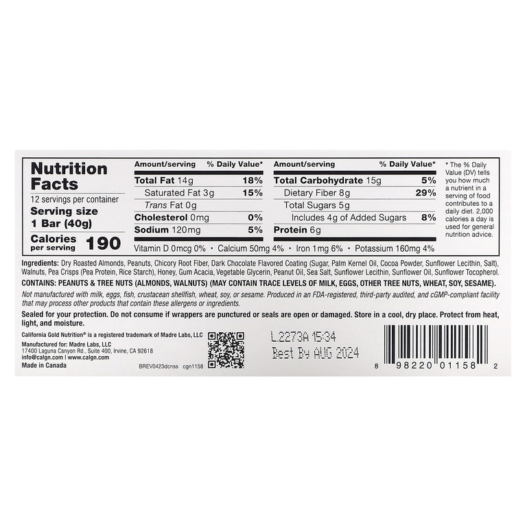 California Gold Nutrition, батончики с тёмным шоколадом, орехами и морской солью, 12 шт. по 40 г