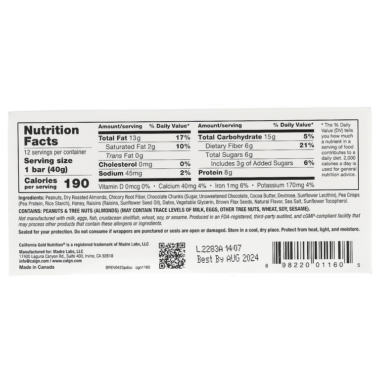 California Gold Nutrition, батончики с арахисом и кусочками тёмного шоколада, с миндалём сухого обжаривания, клетчаткой из корня цикория, гороховыми чипсами и мёдом, 12 батончиков по 40 г (1,4 унции)