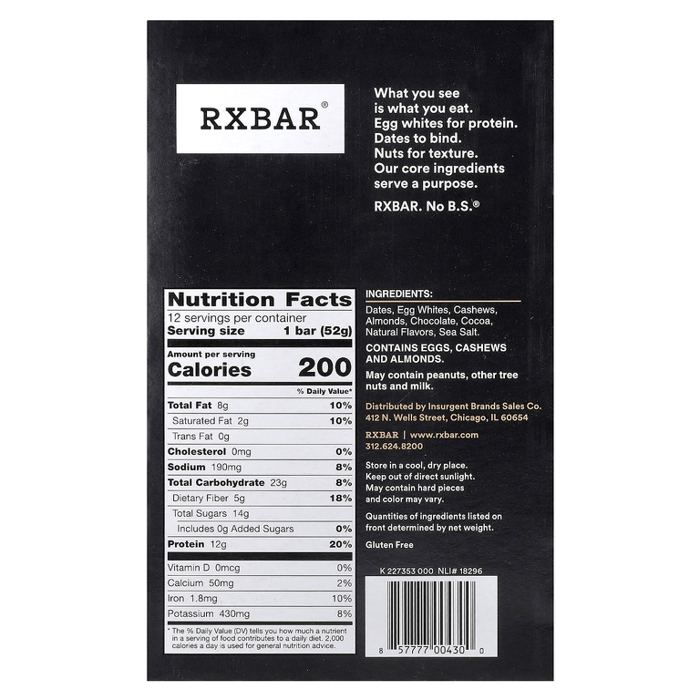 RXBAR, протеиновые батончики, шоколадная морская соль, 12 батончиков, 52 г (1,8 унции)