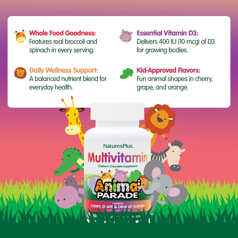 NaturesPlus, жевательные мультивитамины для детей, вишня, виноград и апельсин, 180 таблеток в форме животных