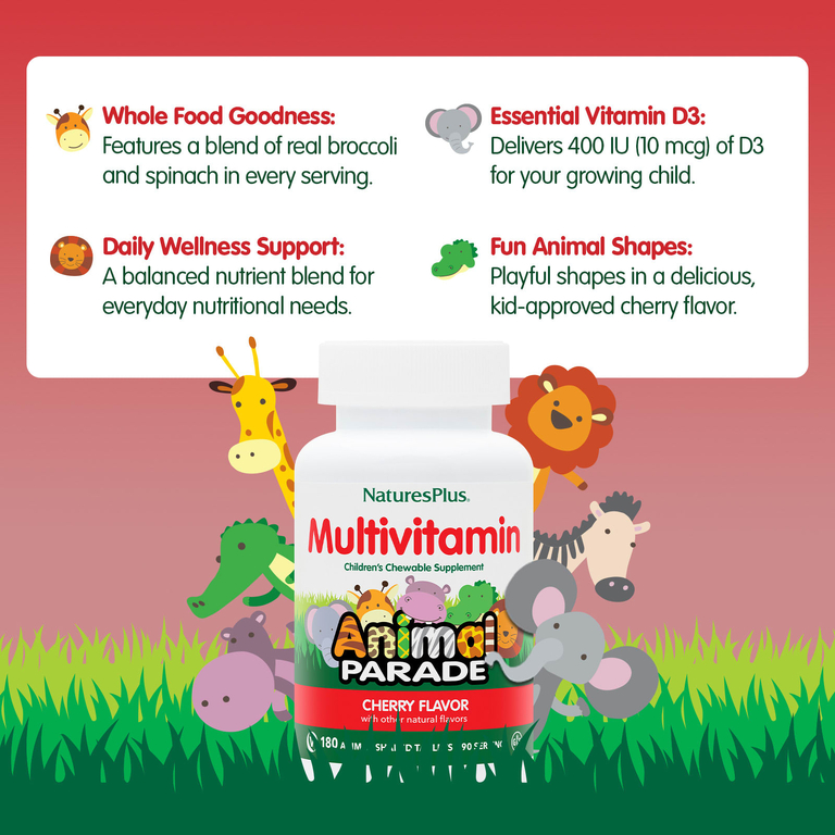 NaturesPlus, жевательные мультивитамины для детей, со вкусом вишни, 180 таблеток в форме животных