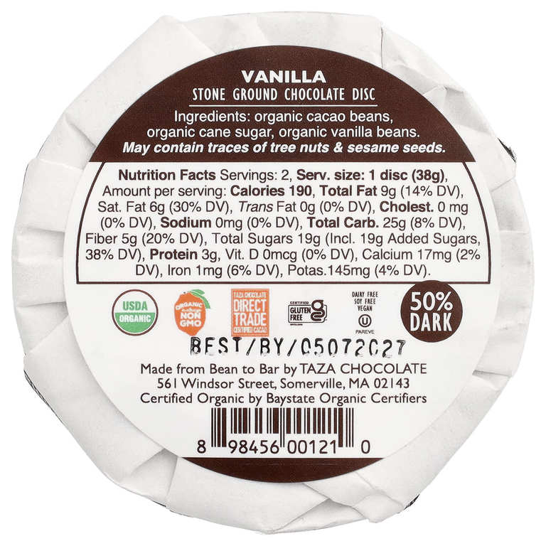 Taza Chocolate, Taza темный шоколад, со вкусом ванили, 2 плитки, 77 г (2,7 унции)
