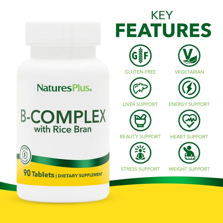 NaturesPlus, комплекс витаминов группы B с рисовыми отрубями, 90 таблеток