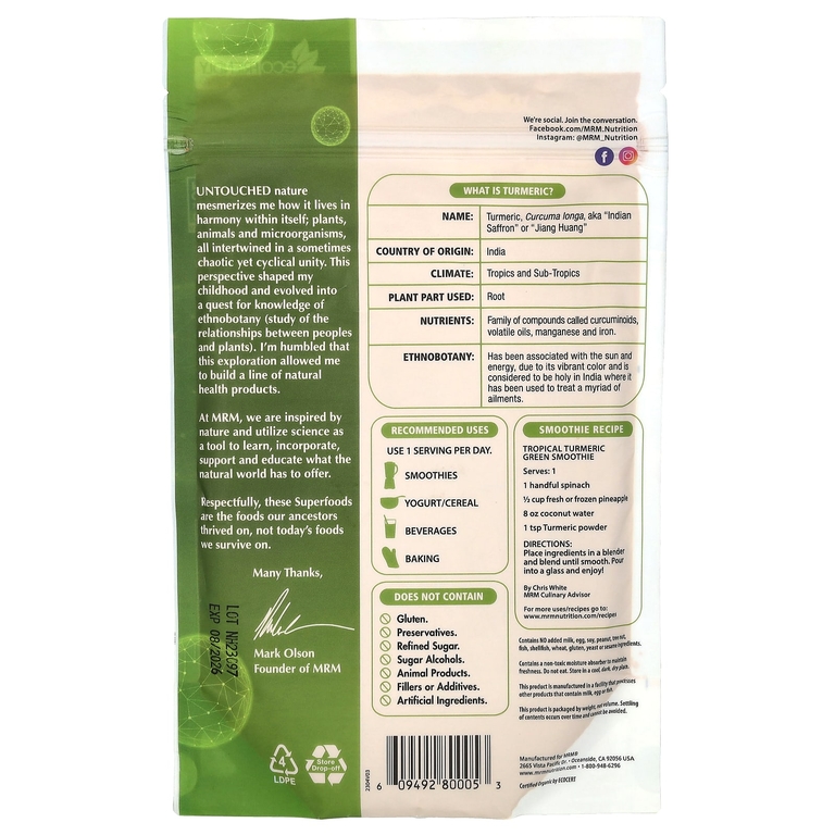 MRM Nutrition, органический порошок из корня куркумы, 170 г (6 унций)