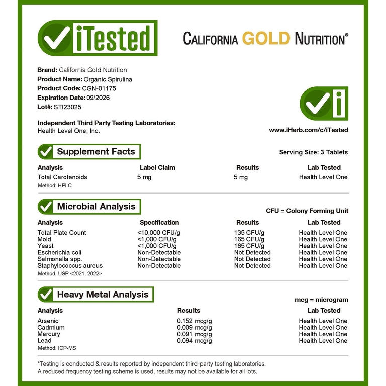 California Gold Nutrition, органическая спирулина, 60 таблеток (500 мг в 1 таблетке)