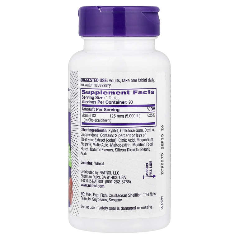 Natrol, витамин D3, со вкусом клубники, 5000 МЕ, 90 таблеток
