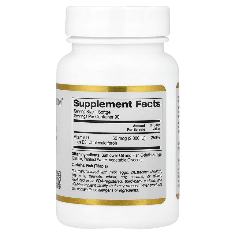 California Gold Nutrition, витамин D3, 50 мкг (2000 МЕ), 90 рыбно-желатиновых капсул