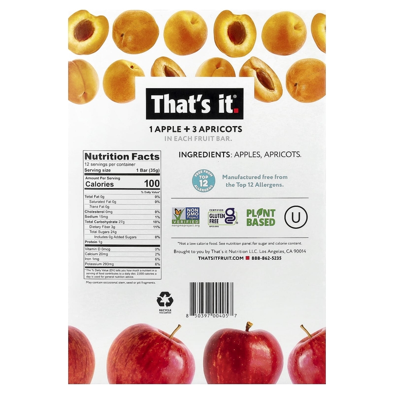 That's It, фруктовые батончики, яблоко и абрикосы, 12 батончиков по 35 г (1,2 унции)