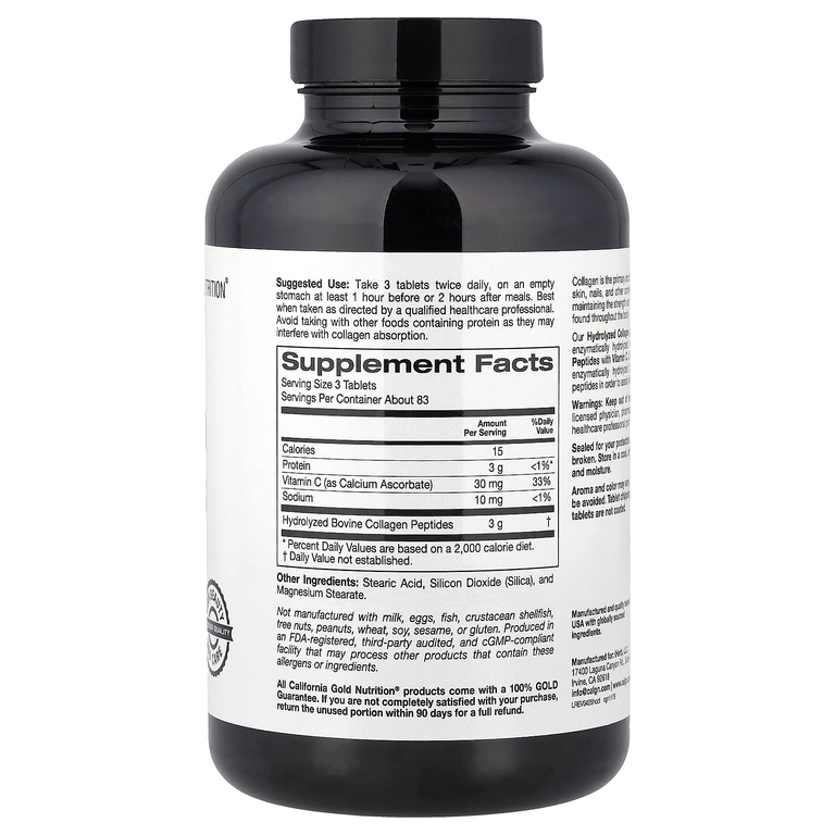 California Gold Nutrition, пептиды гидролизованного коллагена I и III типов с витамином C, 250 таблеток