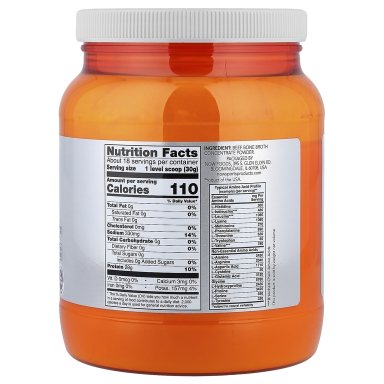 NOW Foods, Спорт, протеиновый порошок из говяжьего костного бульона, 544 г (1,2 фунта)
