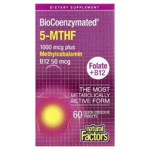 Natural Factors, фолат и витамин B12, 60 быстрорастворимых таблеток