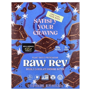Raw Rev, Протеиновый батончик на растительной основе, двойное шоколадное тесто для брауни, 12 батончиков, 46 г (1,6 унции)