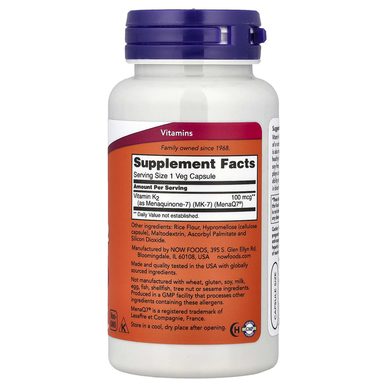 NOW Foods, витамин K2 в форме MK-7, 100 мкг, 120 вегетарианских капсул