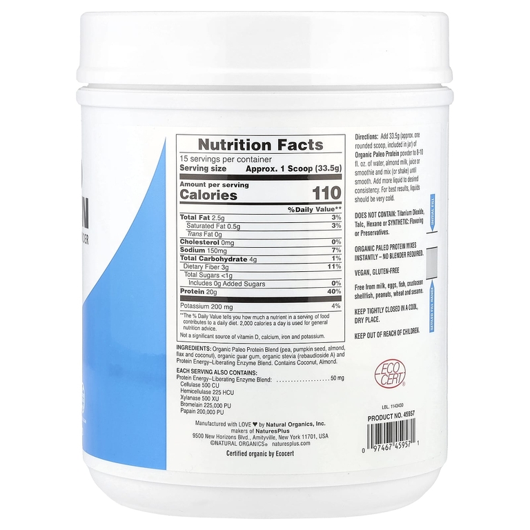 NaturesPlus, палеопротеиновый порошок, без ароматизаторов и подсластителей, 503 г (1,11 фунта)
