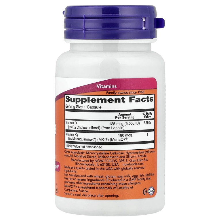 NOW Foods, витамины Д3 и К2(МК7), 60 капсул