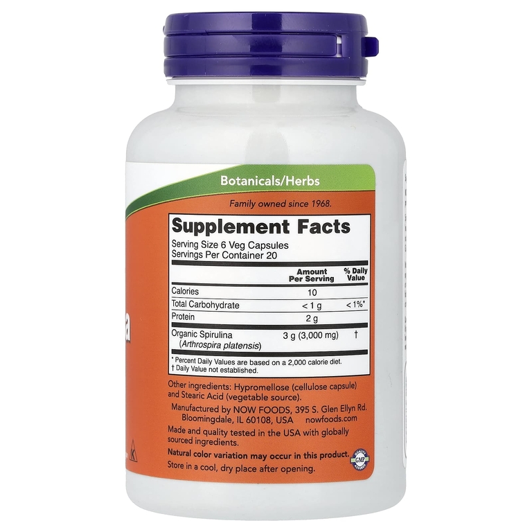 NOW Foods, Натуральная спирулина, 500 мг, 120 растительных капсул