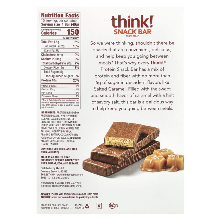 Think !, протеиновый батончик, соленая карамель, 10 батончиков по 40 г (1,41 унции)