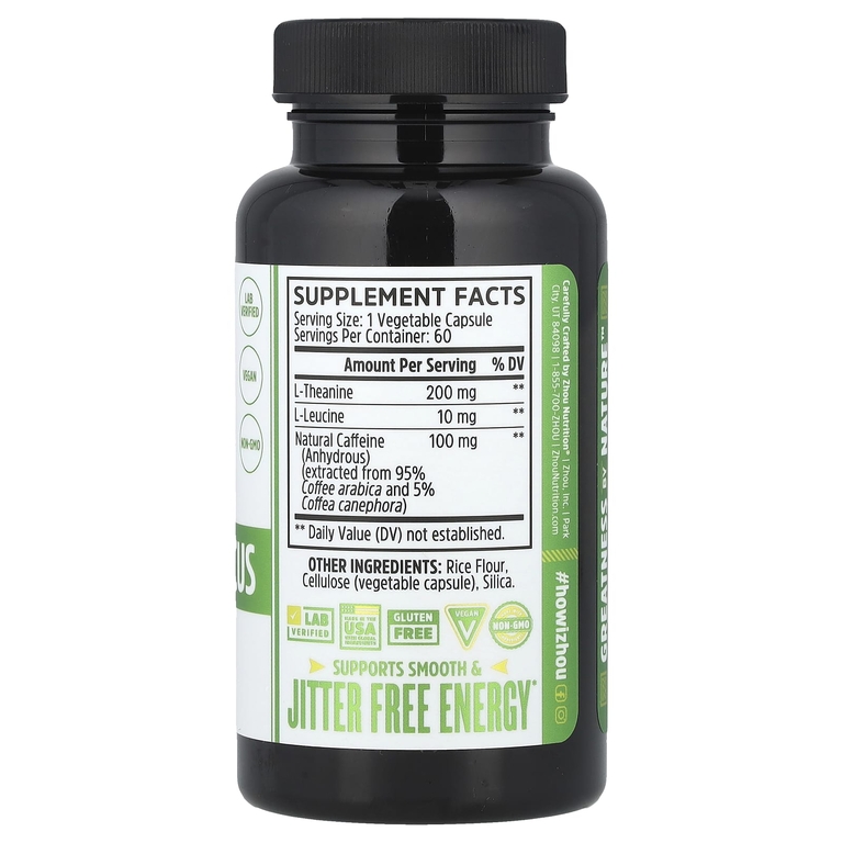 Zhou Nutrition, Кофеин + L-теанин, 60 растительных капсул