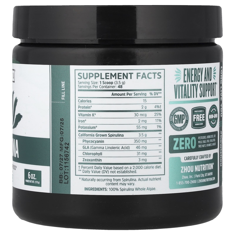 Zhou Nutrition, Спирулина, суперфуд для долголетия, 170 г (6 унций) (Товар снят с продажи) 