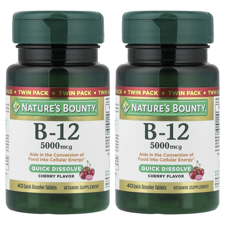 Nature's Bounty, Витамин B12, натуральный вишневый вкус, 5000 мкг, 40 быстрорастворимых таблеток