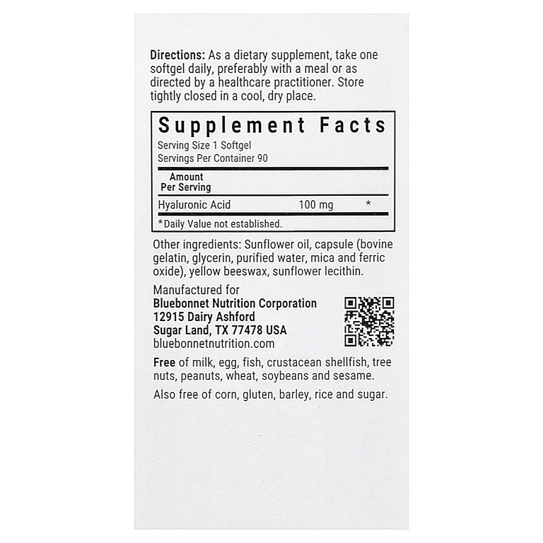 Bluebonnet Nutrition, гиалуроновая кислота, 100 мг, 90 желатиновых капсул