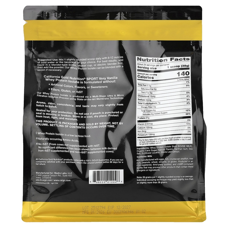 California Gold Nutrition, изолят сывороточного протеина с органическим тростниковым сахаром и подсолнечным лецитином, со вкусом ванили, 907 г (2 фунта)