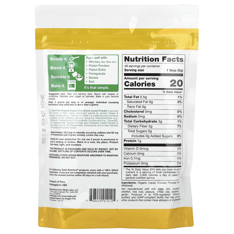 California Gold Nutrition, Superfoods, органический какао-порошок, 240 г (8,5 унции)