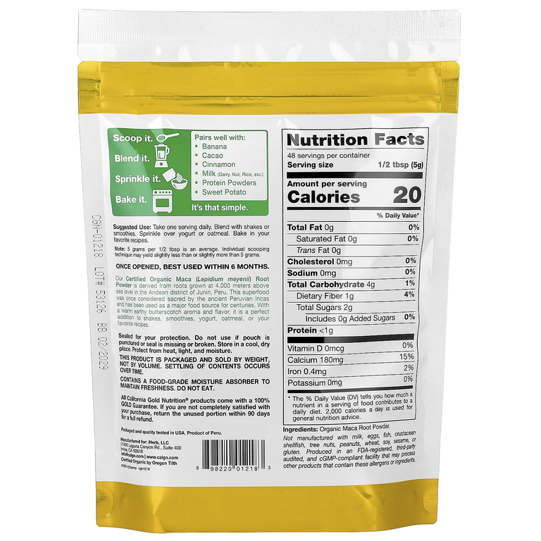 California Gold Nutrition, порошок из корня сертифицированной органической перуанской маки, 240 г (8,5 унции)