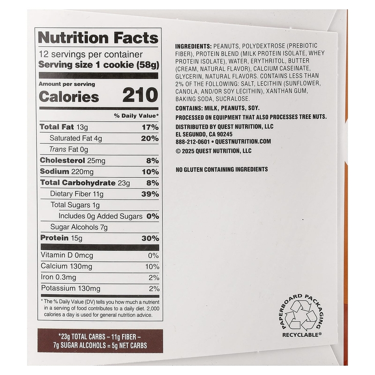 Quest Nutrition, протеиновое печенье, арахисовая паста, 12 штук, 58 г (2,04 унции)