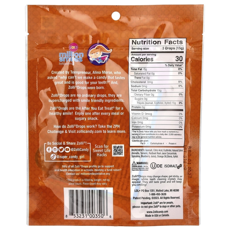 Zollipops, леденцы для очищения зубов, фрукты, 50 г (1,6 унции)