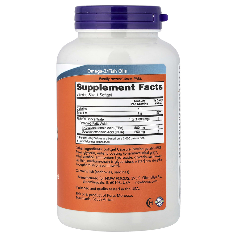 NOW Foods, рыбий жир с омега-3, 180 желатиновых капсул