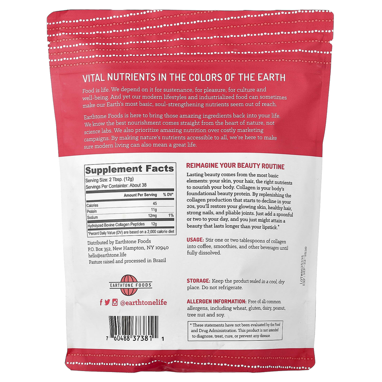 Earthtone Foods, пептиды коллагена от животных на травяном выпасе, без ароматизаторов, 454 г (16 унций)