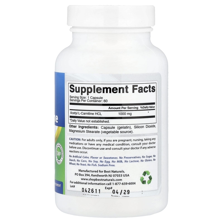 Best Naturals, ацетил-L-карнитин, 1,000 мг, 60 капсул