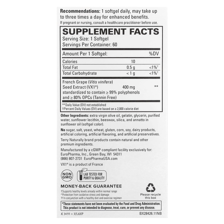 Terry Naturally, Экстракт косточек французского винограда (Vitis vinifera), 400 мг, 60 капсул