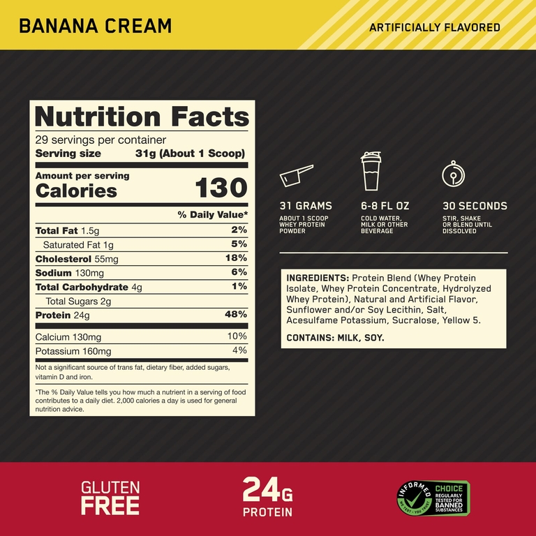 Optimum Nutrition, сывороточный протеин, со вкусом бананового крема, 907 г (2 фунта)