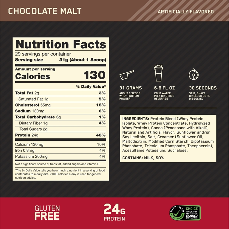 Optimum Nutrition, сывороточный протеин, шоколадный солод, 907 г (2 фунта)