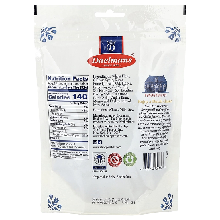 Daelmans, Мини-стропвафли, мед, 5,29 унций (150 г)