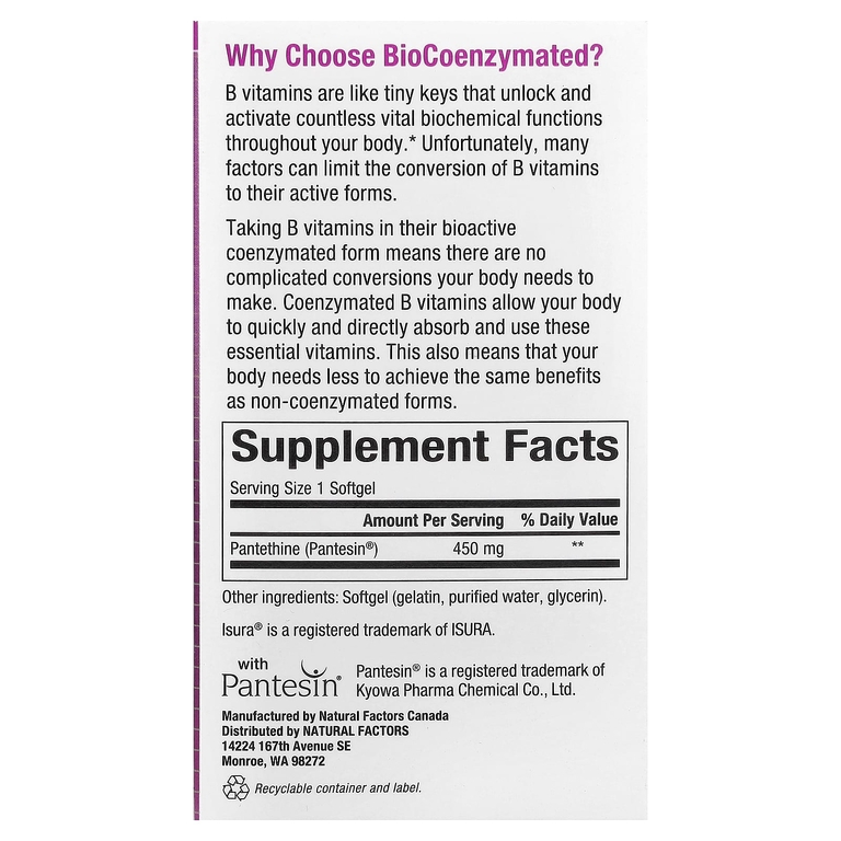 Natural Factors, BioCoenzymated, B5, пантетин, 450 мг, 60 капсул