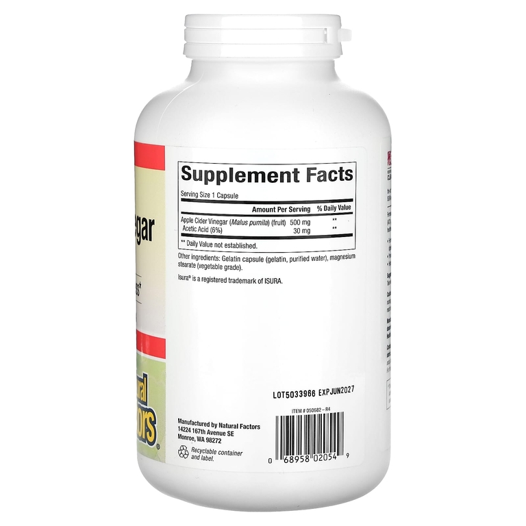 Natural Factors, Яблочный уксус, 500 мг, 360 капсул