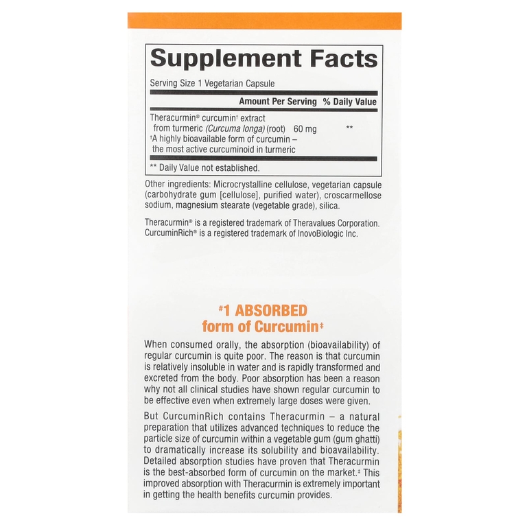 Natural Factors, CurcuminRich®, Theracurmin®, 60 мг, 120 вегетарианских капсул