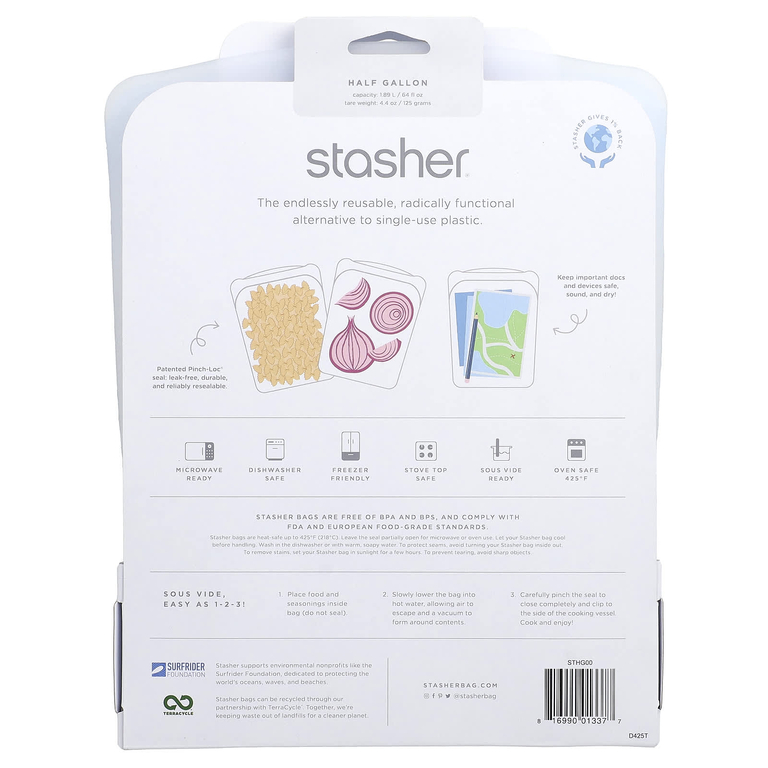 Stasher, многоразовый силиконовый пакет для пищевых продуктов, 0,5 галлона, прозрачный, 1,89 л (64 жидк. унции)